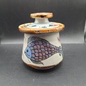 Signed Ken Edwards  Ceramic Sugar Bowl Lid Featuring Fish Floral Design 3.5 READ